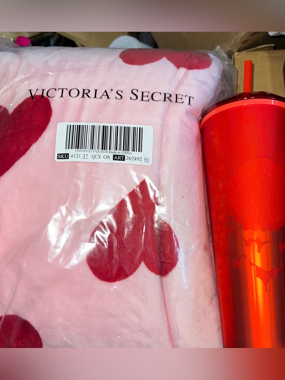 Victoria's Secret Pink Heart Plush Blanket - Pink and Starbucks tumbler
